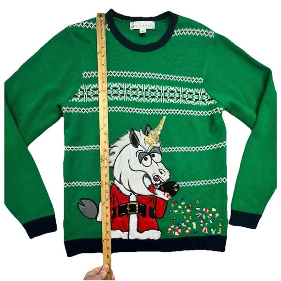 Joy Sweaters Ugly Christmas Sweater Adult L Green Knit Holiday Unicorn Candy - Picture 3 of 7